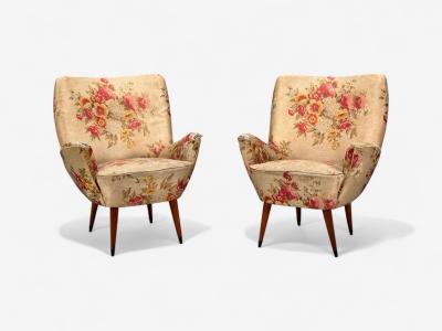  ISA Bergamo I S A Italy ISA Bergamo Fabric Wood Brass Organic Lounge Chairs Italy 1950s