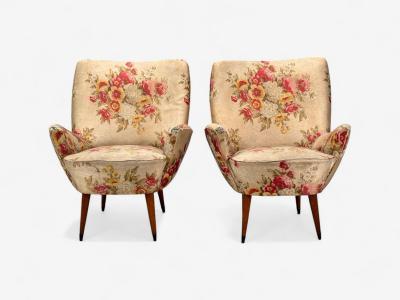  ISA Bergamo I S A Italy ISA Bergamo Fabric Wood Brass Organic Lounge Chairs Italy 1950s