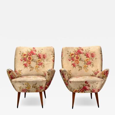  ISA Bergamo I S A Italy ISA Bergamo Fabric Wood Brass Organic Lounge Chairs Italy 1950s