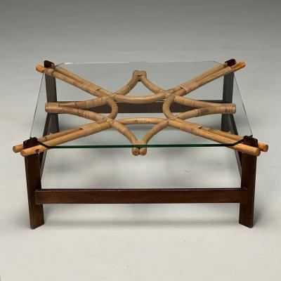  ISA Bergamo I S A Italy ISA Italian Mid Century Modern Square Coffee Table Wood Bamboo Cane 1980s