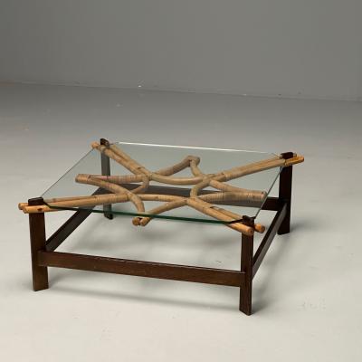  ISA Bergamo I S A Italy ISA Italian Mid Century Modern Square Coffee Table Wood Bamboo Cane 1980s