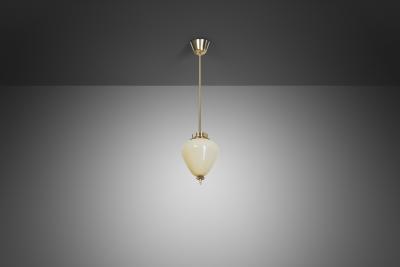  Idman Oy Brass and Amber Tinted Glass Hanging Lamp by Idman Finland Mid 20th century