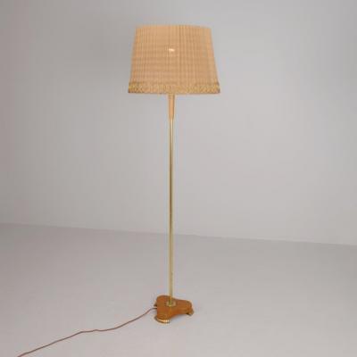  Idman Oy Finnish Modern Floor Lamp Model 224 in Elm Brass Rattan Stockmann 1950s