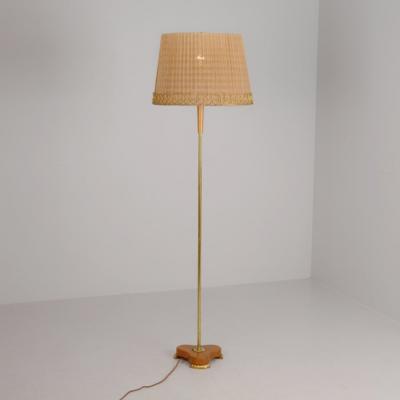  Idman Oy Finnish Modern Floor Lamp Model 224 in Elm Brass Rattan Stockmann 1950s