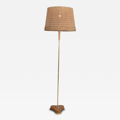  Idman Oy Finnish Modern Floor Lamp Model 224 in Elm Brass Rattan Stockmann 1950s