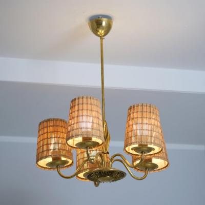  Idman Oy Mid Century Ceiling Lamp Model 51143 in Brass Rattan Idman Finland 1950s
