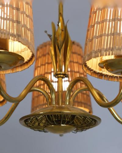  Idman Oy Mid Century Ceiling Lamp Model 51143 in Brass Rattan Idman Finland 1950s