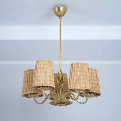  Idman Oy Mid Century Ceiling Lamp Model 51143 in Brass Rattan Idman Finland 1950s