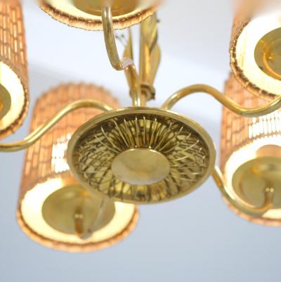 Idman Oy Mid Century Ceiling Lamp Model 51143 in Brass Rattan Idman Finland 1950s