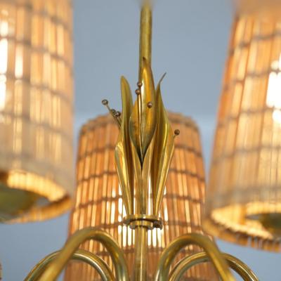  Idman Oy Mid Century Ceiling Lamp Model 51143 in Brass Rattan Idman Finland 1950s