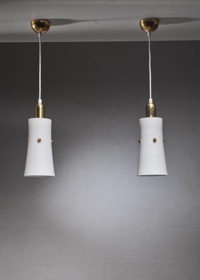  Idman Oy Pair of Gunnel Nyman opaline glass and brass pendants 1940s