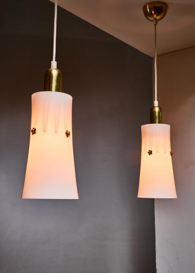  Idman Oy Pair of Gunnel Nyman opaline glass and brass pendants 1940s