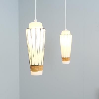  Idman Oy Pair of Mid Century Modern Pendants Model K 3 3 in Glass and Rattan Idman 1950s
