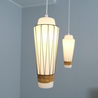  Idman Oy Pair of Mid Century Modern Pendants Model K 3 3 in Glass and Rattan Idman 1950s