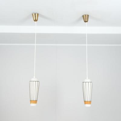  Idman Oy Pair of Mid Century Modern Pendants Model K 3 3 in Glass and Rattan Idman 1950s
