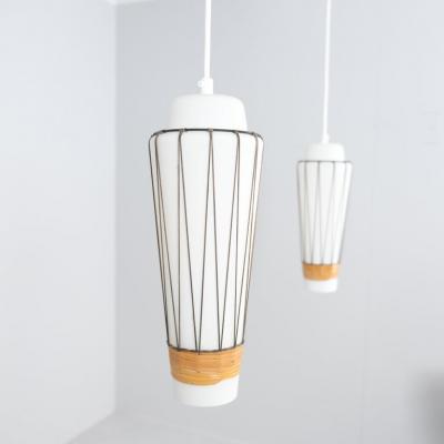  Idman Oy Pair of Mid Century Modern Pendants Model K 3 3 in Glass and Rattan Idman 1950s