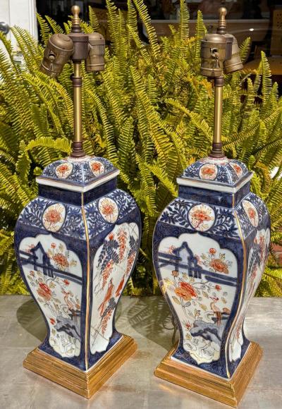  Imari Porcelain Pair of Vintage Japanese Imari Pottery Designer Table Lamps