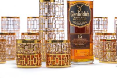  Imperial Glass Company Large Imperial Glass Shoji 22k Gold Handpainted Barware Set circa 1965