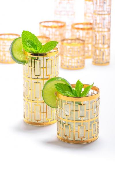  Imperial Glass Company Large Imperial Glass Shoji 22k Gold Handpainted Barware Set circa 1965