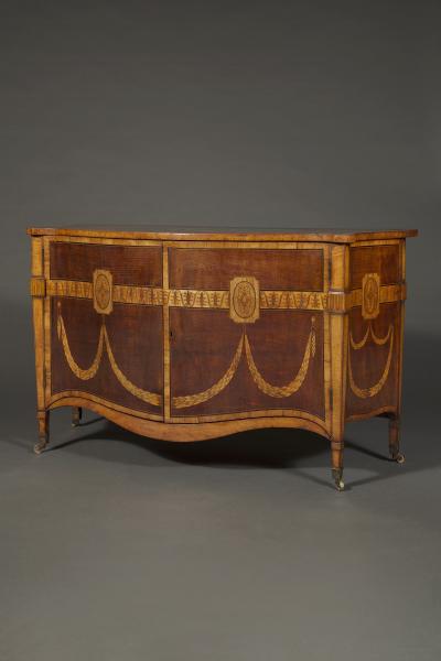  Ince Mayhew Mayhew Ince George III harewood and engraved boxwood marquetry serpentine two door commode