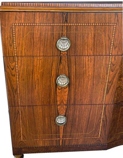  Irwin Furniture Quality art deco rosewood and burl walnut 3 drawer chest by Irwin Furniture