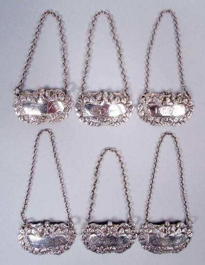 Israel Freeman Son Ltd Set of 6 Traditional English Sterling Silver Liquor Tags 1937
