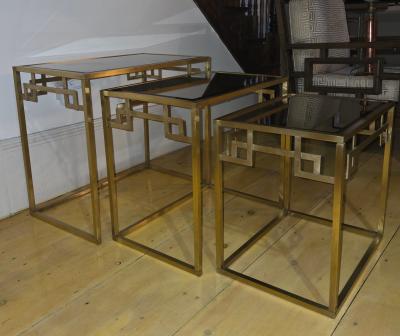  Italian Workshop Italian 1970s Nest of Three Brass Greek Key Side Tables Beveled Mirror Tops
