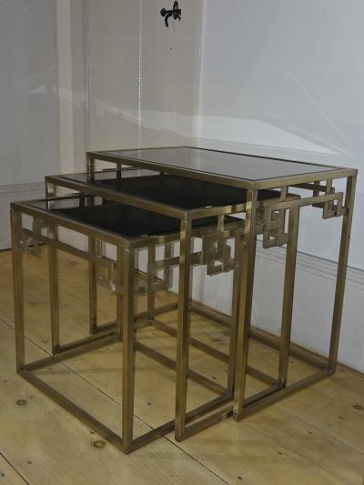  Italian Workshop Italian 1970s Nest of Three Brass Greek Key Side Tables Beveled Mirror Tops