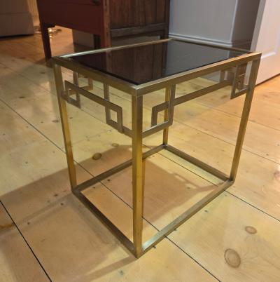  Italian Workshop Italian 1970s Nest of Three Brass Greek Key Side Tables Beveled Mirror Tops