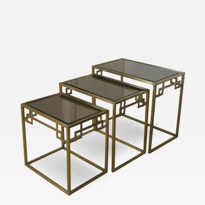  Italian Workshop Italian 1970s Nest of Three Brass Greek Key Side Tables Beveled Mirror Tops