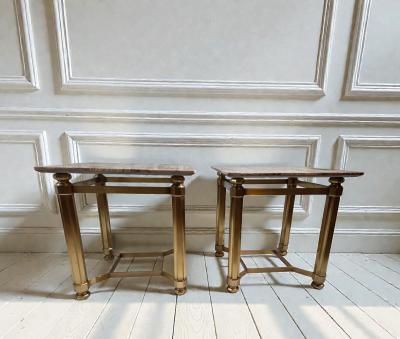  Italian Workshop Pair of Italian Solid Brass Side Tables with Onyx Tops 1970s