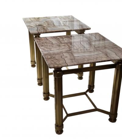  Italian Workshop Pair of Italian Solid Brass Side Tables with Onyx Tops 1970s