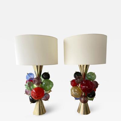  Italian workshop Contemporary Pair of Brass Murano Glass Sputnik Tutti Frutti Lamps Italy