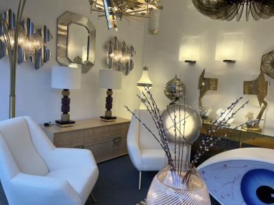  Italian workshop Contemporary Pair of Brass Murano Glass Totem Lamps Italy