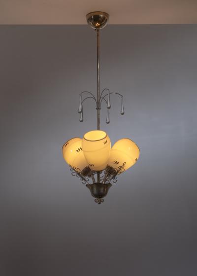  Itsu Brass 3 armed chandelier with opaline shades