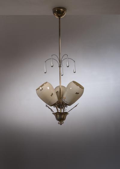  Itsu Brass 3 armed chandelier with opaline shades