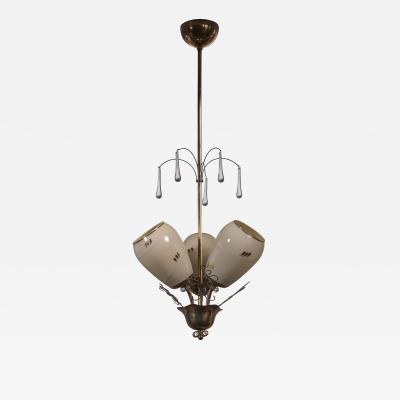  Itsu Brass 3 armed chandelier with opaline shades