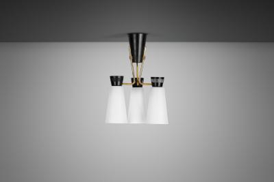  Itsu ER 112 3 Chandelier in Brass and Opal Glass for Itsu Finland Mid 20th Century