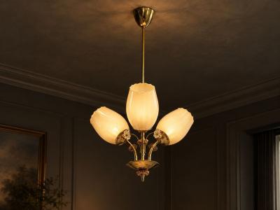  Itsu Itsu Finnish Modern Snowflake Chandelier Brass Glass Finland 1950s