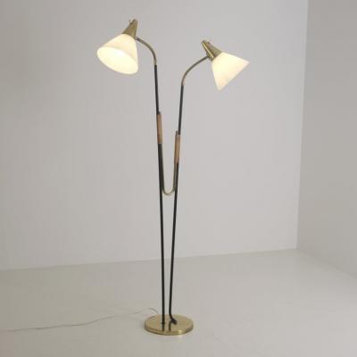  Itsu Mid Century Modern Floor Lamp Model EN 31 Brass Leather Glass Itsu 1950s