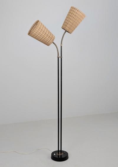  Itsu Mid Century Modern Floor Lamp in Black Brass Rattan Finland 1960s