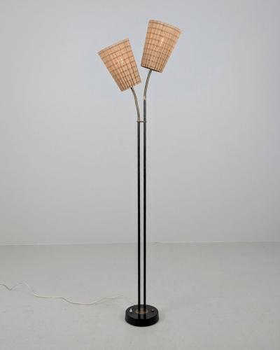  Itsu Mid Century Modern Floor Lamp in Black Brass Rattan Finland 1960s