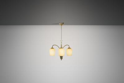  Itsu Opal Glass and Brass Chandelier by Itsu Finland Mid 20th Century