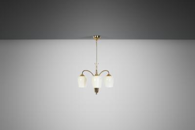  Itsu Opal Glass and Brass Chandelier by Itsu Finland Mid 20th Century