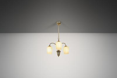  Itsu Opal Glass and Brass Chandelier by Itsu Finland Mid 20th Century