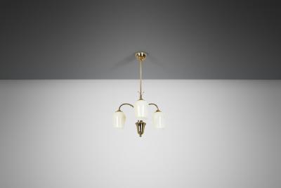  Itsu Opal Glass and Brass Chandelier by Itsu Finland Mid 20th Century
