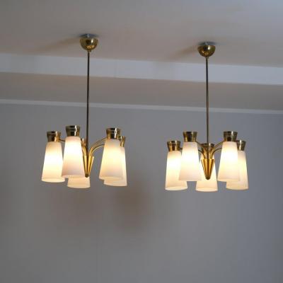  Itsu Pair of Mid Century Itsu Ceiling Lamps ER 103 5 Brass Opaline Finland 1950s