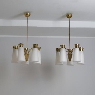 Itsu Pair of Mid Century Itsu Ceiling Lamps ER 103 5 Brass Opaline Finland 1950s
