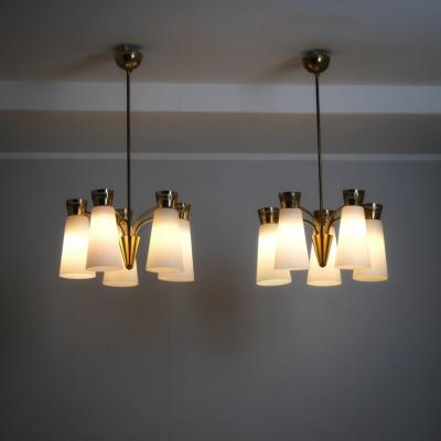  Itsu Pair of Mid Century Itsu Ceiling Lamps ER 103 5 Brass Opaline Finland 1950s