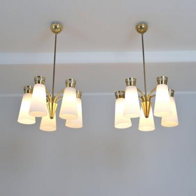  Itsu Pair of Mid Century Itsu Ceiling Lamps ER 103 5 Brass Opaline Finland 1950s